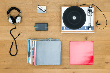 Image showing Turntable With Records And Headphones On Table