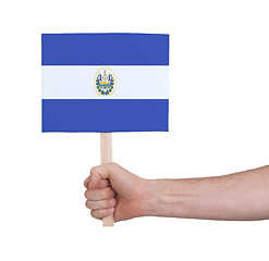 Image showing Hand holding small card - Flag of El Salvador