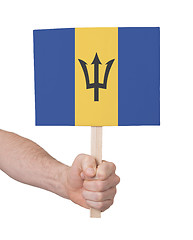 Image showing Hand holding small card - Flag of Barbados