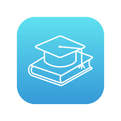 Image showing Graduation cap laying on book line icon.