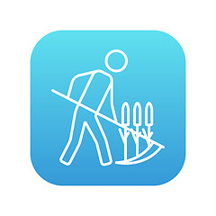 Image showing Man mowing grass with scythe line icon.