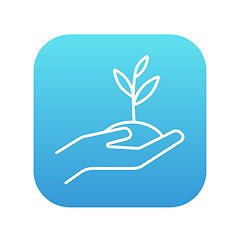 Image showing Hands holding seedling in soil line icon.