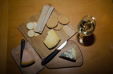 Image showing Cheese selection with white wine