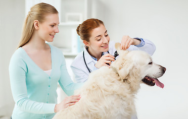 Image showing happy woman with dog and doctor at vet clinic