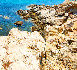 Image showing in greece the mykonos island rock sea and beach blue   sky