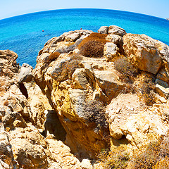 Image showing in greece the mykonos island rock sea and beach blue   sky