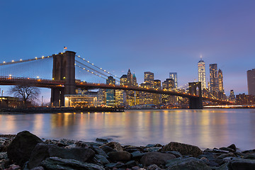 Image showing Brooklyn bridge at dusk, New York City.