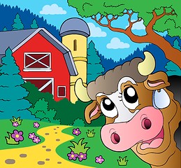 Image showing Farm theme with lurking cow