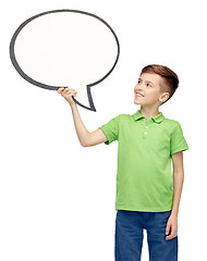 Image showing happy boy holding blank white text bubble banner