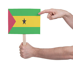 Image showing Hand holding small card - Flag of Sao Tome and Principe