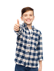 Image showing smiling boy in checkered shirt showing thumbs up