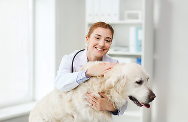 Image showing happy doctor with retriever dog at vet clinic