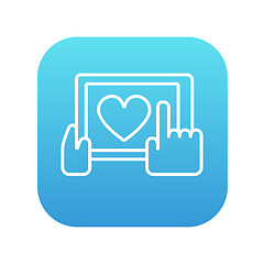 Image showing Hands holding tablet with heart sign line icon.