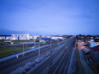 Image showing Night scene railroad and industrie buildings