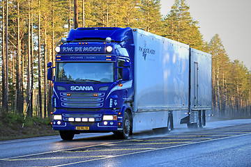 Image showing Blue Scania Flower Transport Truck on the Road