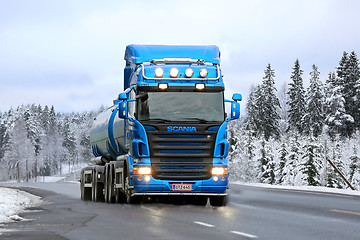 Image showing Blue Scania R500 Tank Truck on the Road in Winter