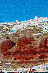 Image showing from one  boat in europe greece santorini island house and rocks