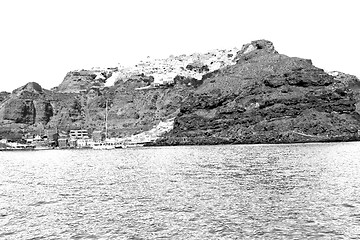 Image showing from one  boat in europe greece santorini island house and rocks