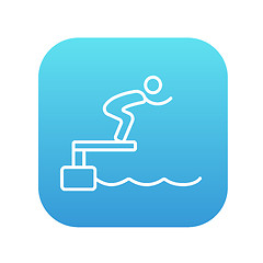 Image showing Swimmer jumping from starting block in pool line icon.