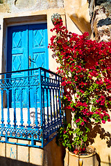 Image showing blue door in antique village santorini flower