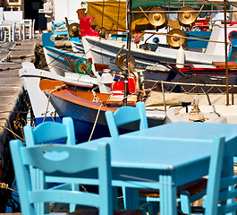 Image showing table in santorini europe greece old restaurant chair and the su