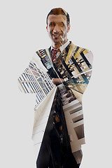 Image showing double exposure of business man isolated over white background