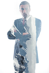 Image showing double exposure of business man isolated over white background