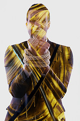 Image showing double exposure of business man with rope isolated on white back