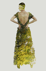 Image showing double exposure of elegant woman in fashionable dress posing in 