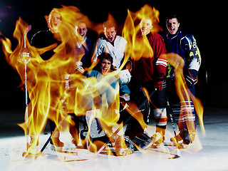 Image showing double exposure of ice hockey players team meeting with trainer