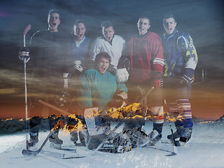 Image showing double exposure of ice hockey players team meeting with trainer