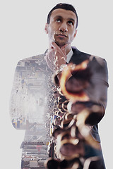 Image showing double exposure of business man isolated over white background