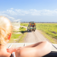 Image showing Woman on african wildlife safari.