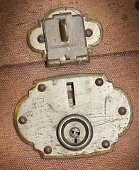 Image showing Old canvas trunk lock close up