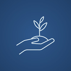 Image showing Hands holding seedling in soil line icon.