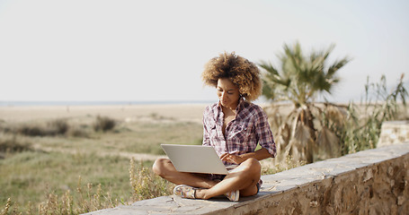 Image showing Woman With Laptop Sitting On Stone Wall