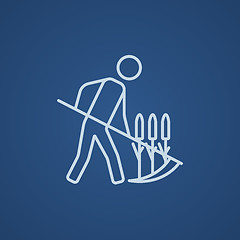 Image showing Man mowing grass with scythe line icon.