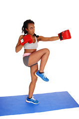 Image showing Boxing woman on blue mat.