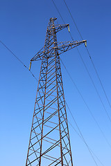 Image showing High voltage power pylons against blue sky