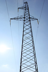 Image showing High voltage power pylons against blue sky