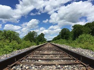 Image showing Railway to horizon and clouds on the sky background.