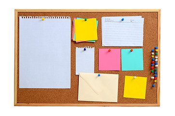 Image showing Blank notes pinned into brown corkboard