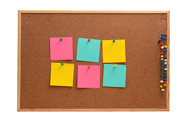 Image showing Blank notes pinned into brown corkboard