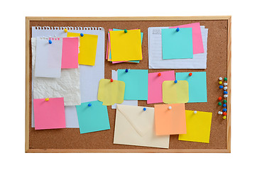 Image showing Blank notes pinned into brown corkboard