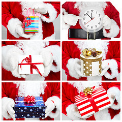 Image showing Hands of Santa Claus with gift. Collage