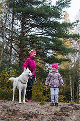 Image showing Granny with her granddaughter and a dog walk in autumn Park  