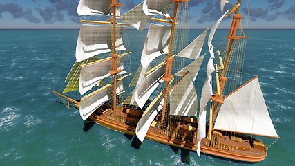 Image showing Pirate brigantine at sea