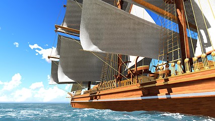 Image showing Pirate brigantine at sea