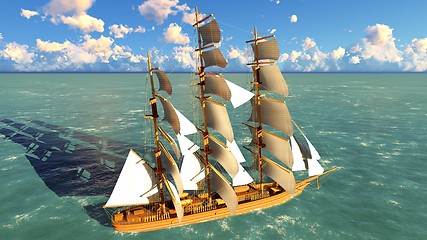 Image showing Pirate brigantine at sea