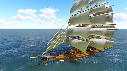 Image showing Pirate brigantine at sea